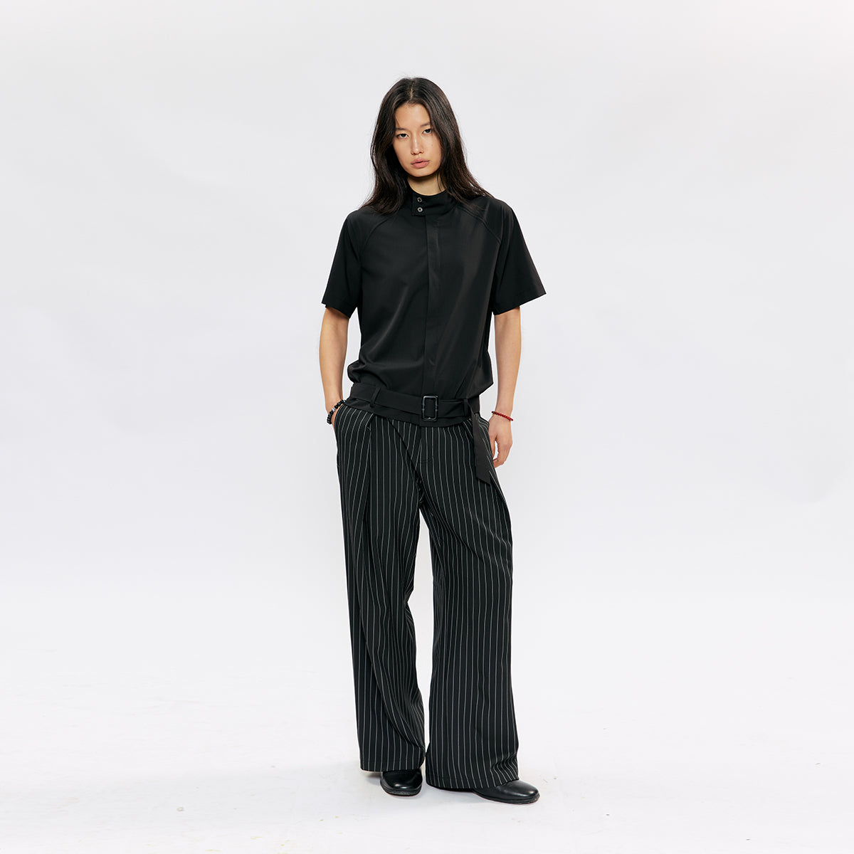 KREATE Buckle Pleated Stripe Trousers