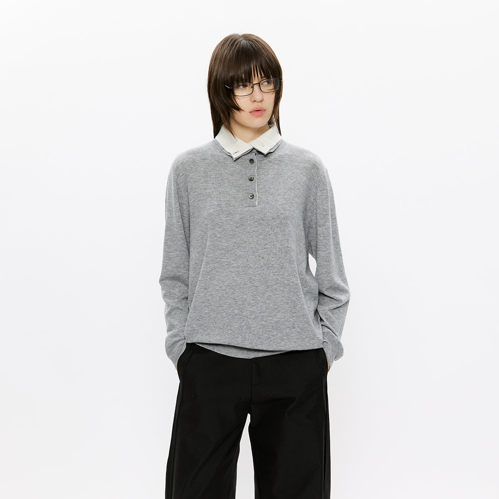 KREATE Fine Wool Double-Collar Knit Top